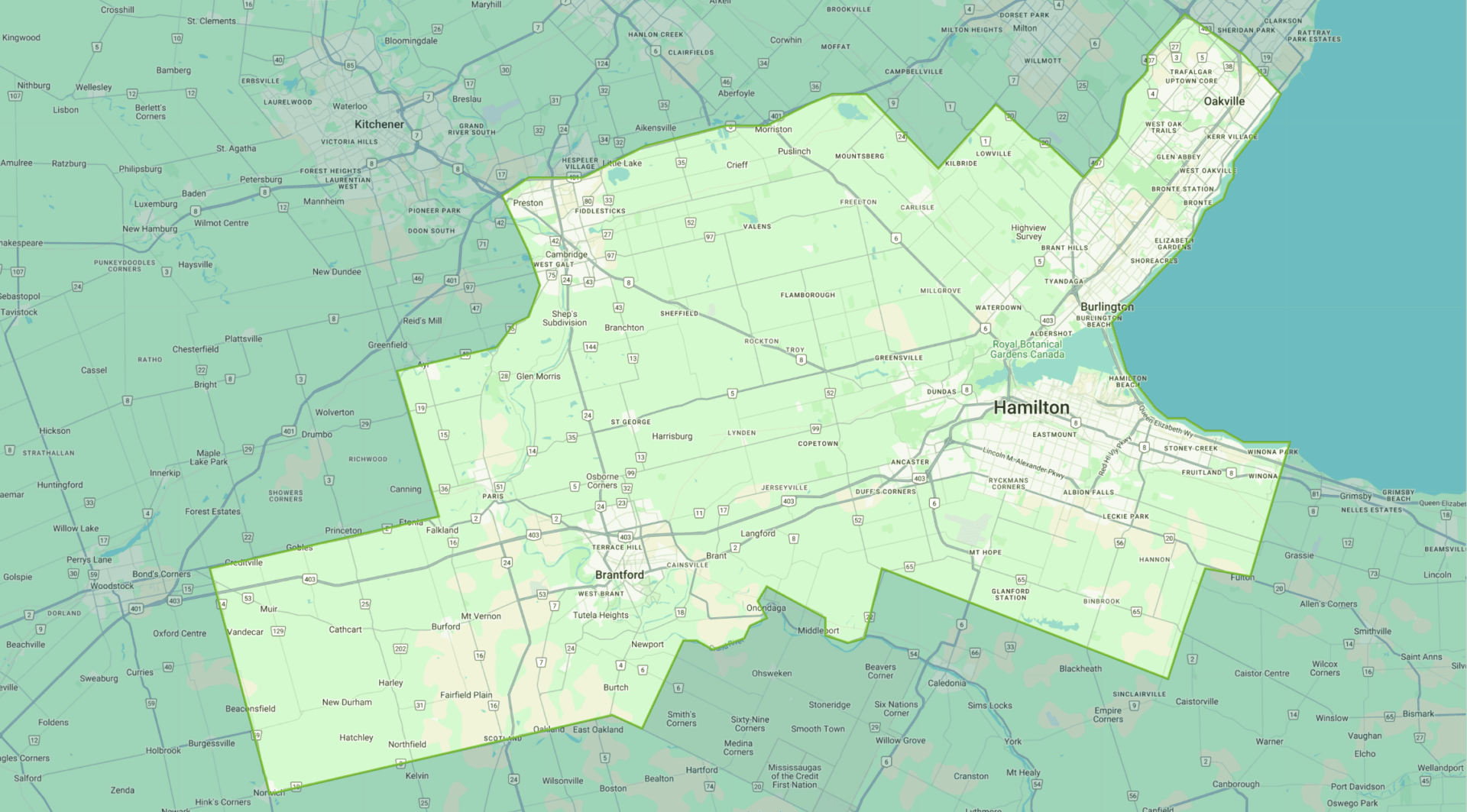 Map showing southwestern Ontario, Canada, with cities like Hamilton, Kitchener, Cambridge, and Brantford. Visible landmarks include Lake Ontario and the Royal Botanical Gardens.