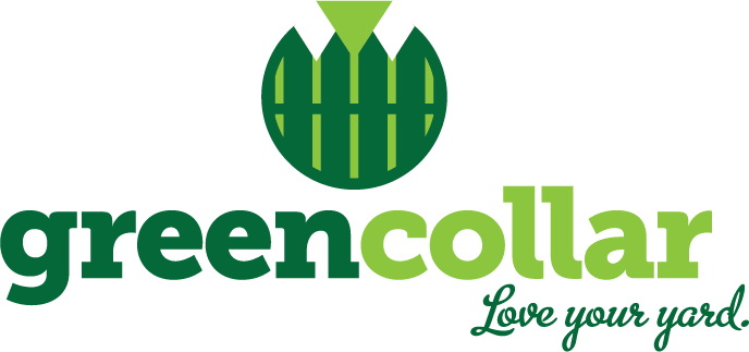 A green-themed logo features a circular emblem with a collar and fence design, accompanied by the text "greencollar" and tagline "Love your yard".