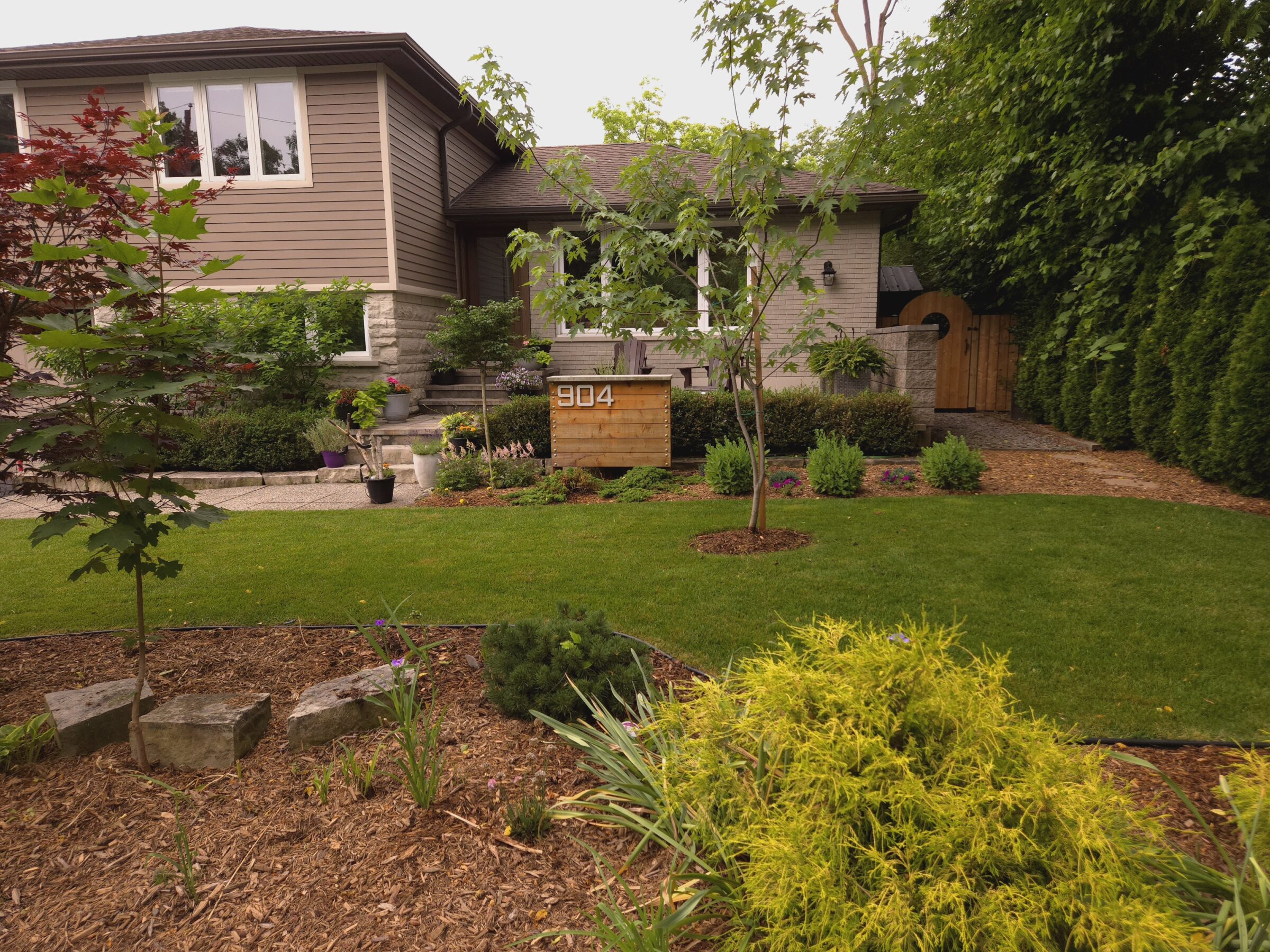 A modern suburban home using garden maintenance in Hamilton, vibrant green lawn, and wooden house number sign. Surrounded by trees and neatly trimmed shrubs.