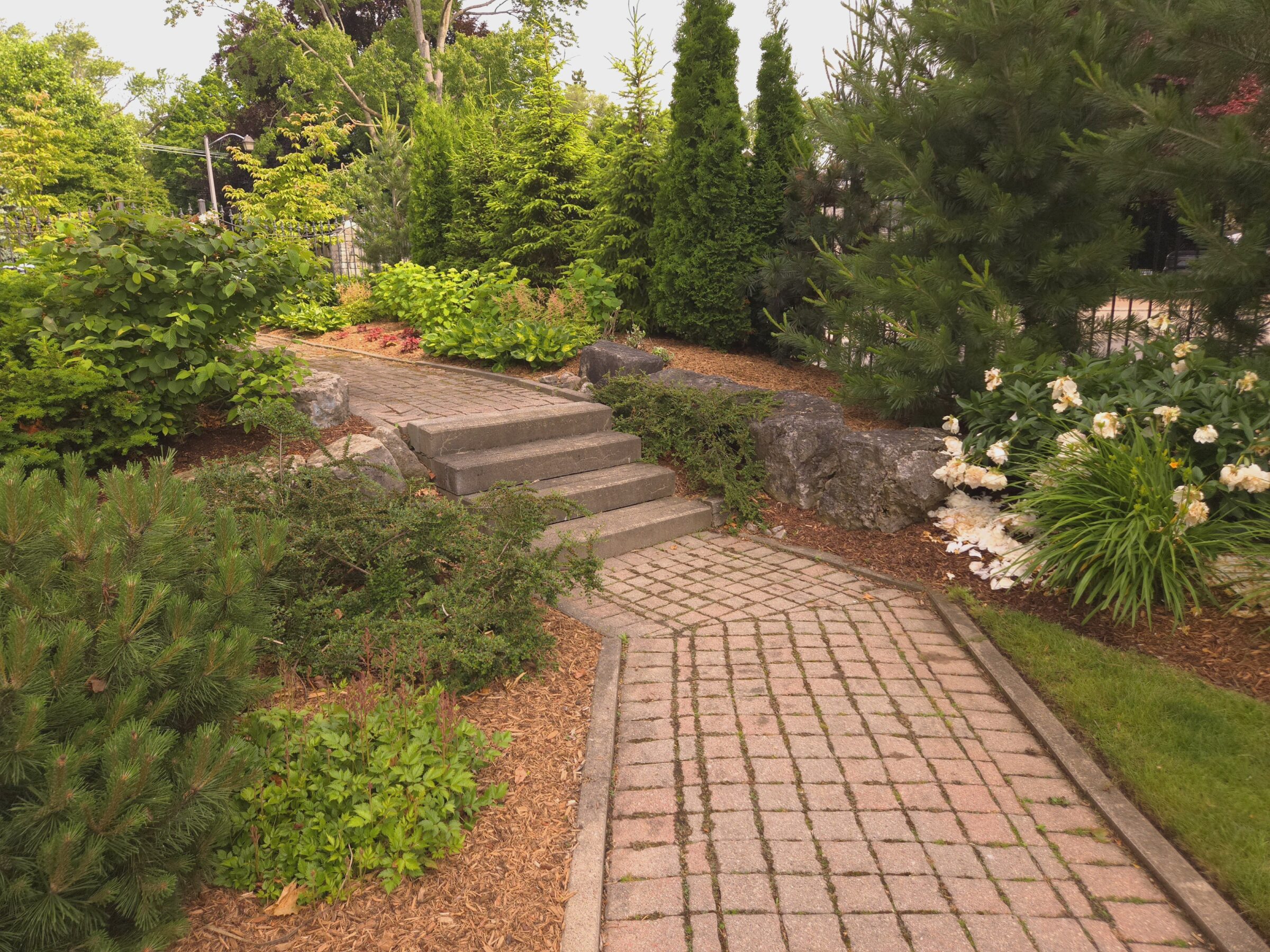 A serene garden path with brick paving, surrounded by lush greenery, white flowers, and trees, creating a tranquil, natural setting.
