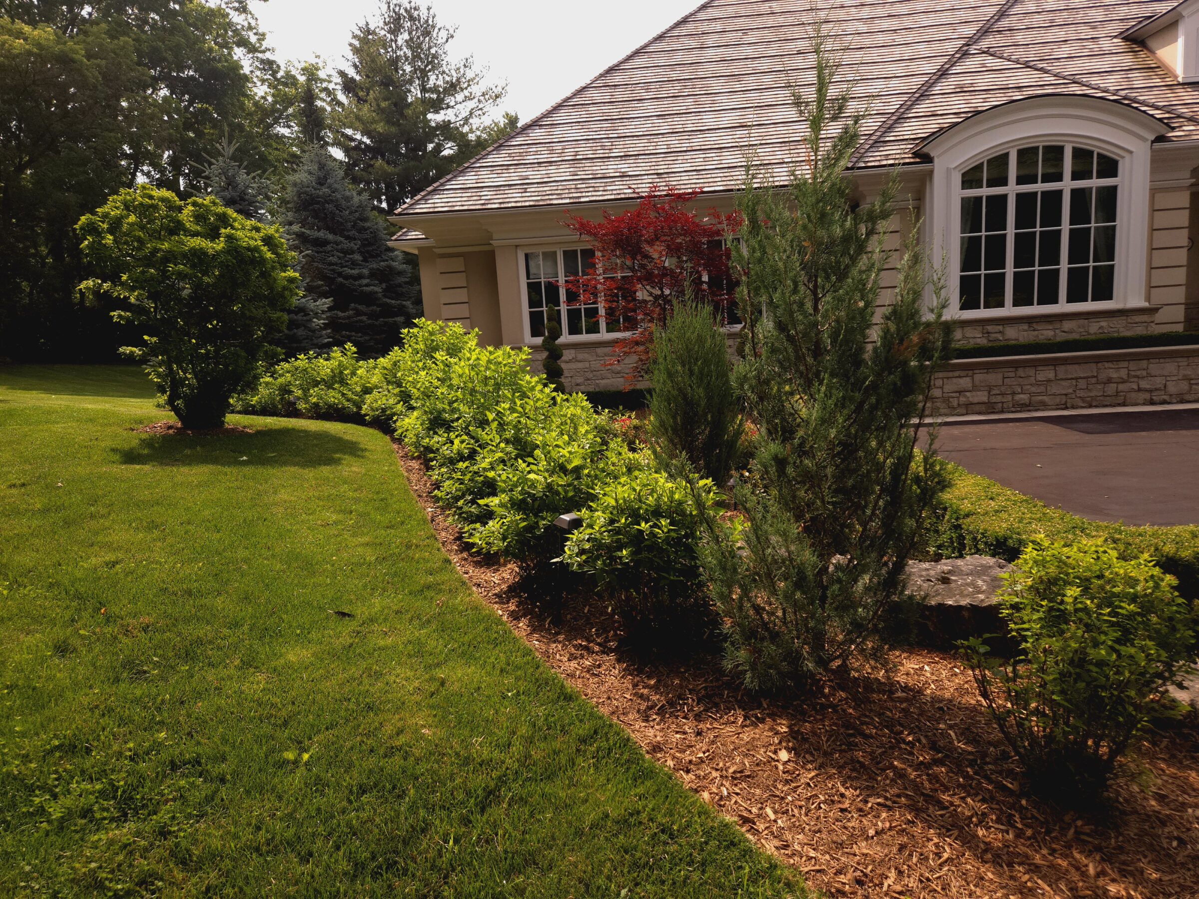 A suburban house with a neatly landscaped garden, featuring green shrubs, trees, and a stone border under a clear sky.