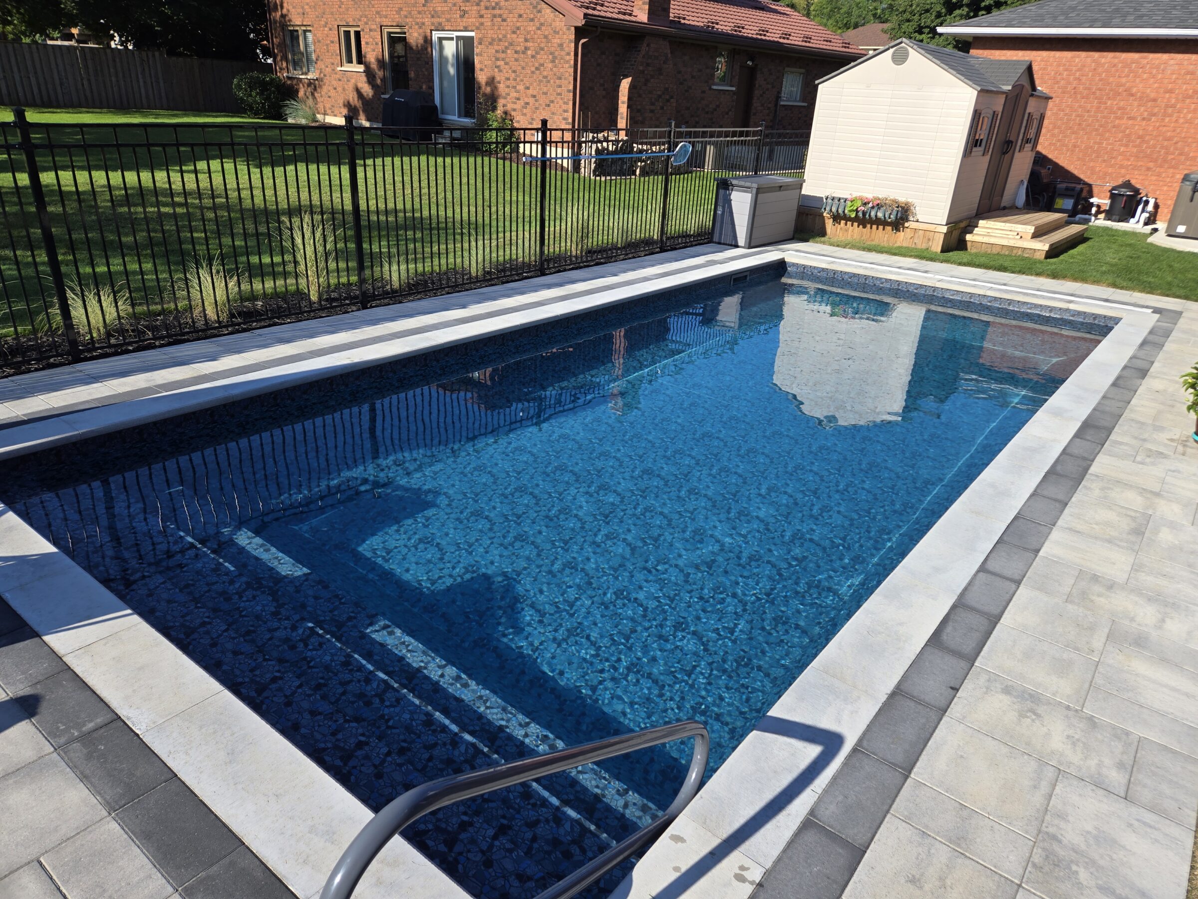 A rectangular swimming pool in a backyard, surrounded by a black metal fence, with houses and a shed in the background.