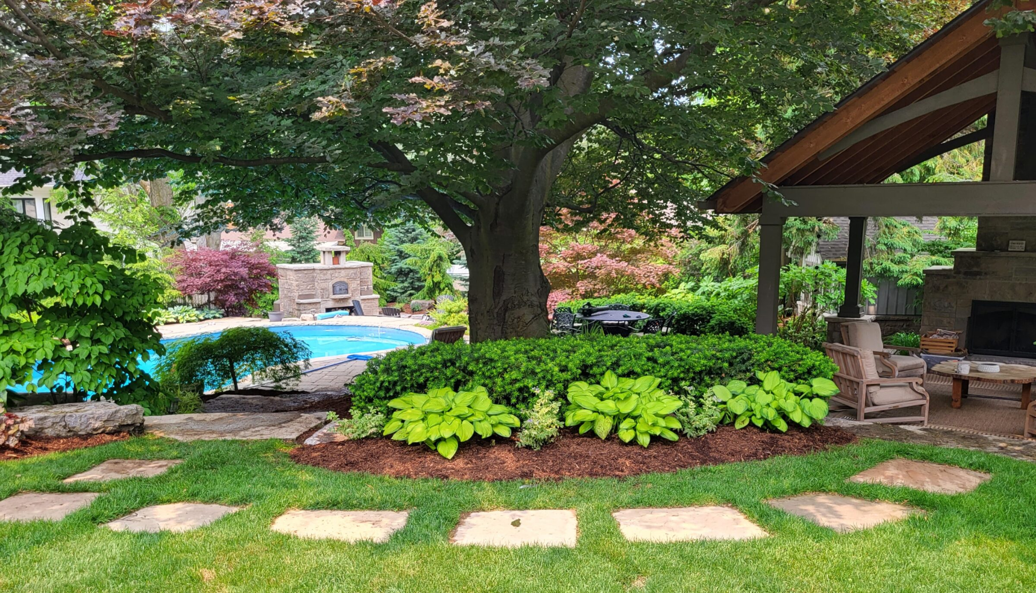 A lush backyard landscape with a large, mature tree providing shade over a garden bed filled with hostas and shrubs. A stone walkway leads toward a pool area and a covered outdoor lounge space with a fireplace.