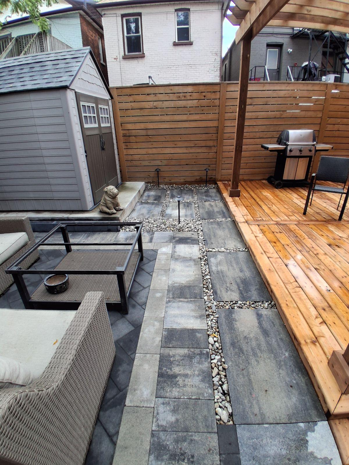 Backyard deck and pergola with patio seating